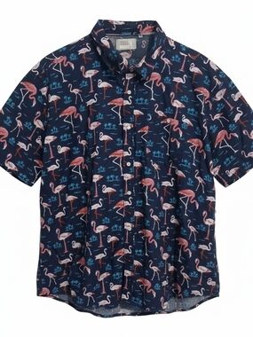 Free Planet Navy Short-Sleeve Button-Down Shirt with Pink Flamingo Print